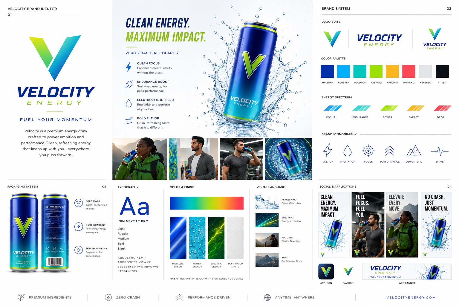 Velocity Energy brand design board: logo, packaging, colour and typography system